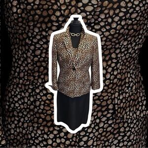 Y2K 100% Silk Kasper Women's Black and Brown Cheetah 3 Piece Suit Size 8P